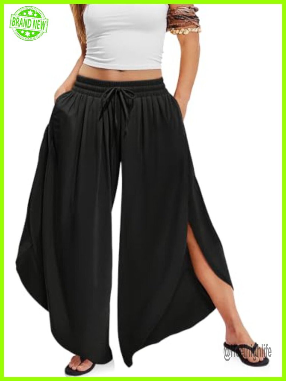 Women's Linen Wide Leg Palazzo Pants Side Slit Cropped Casual Summer